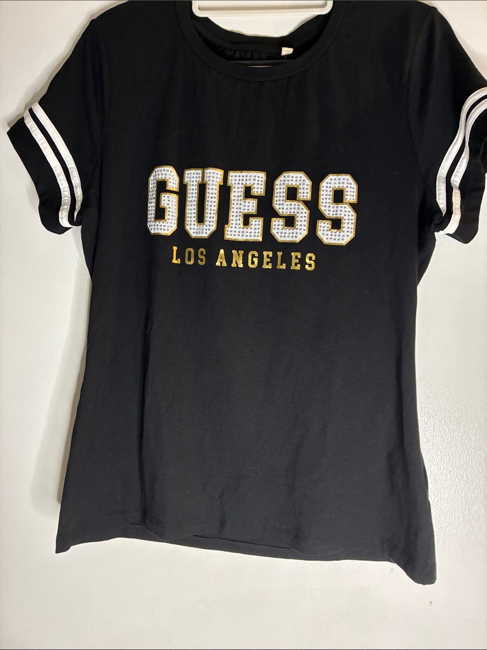 Guess Black Los Angeles Logo Short Sleeve Tee with White Stripe Sleeves NWT